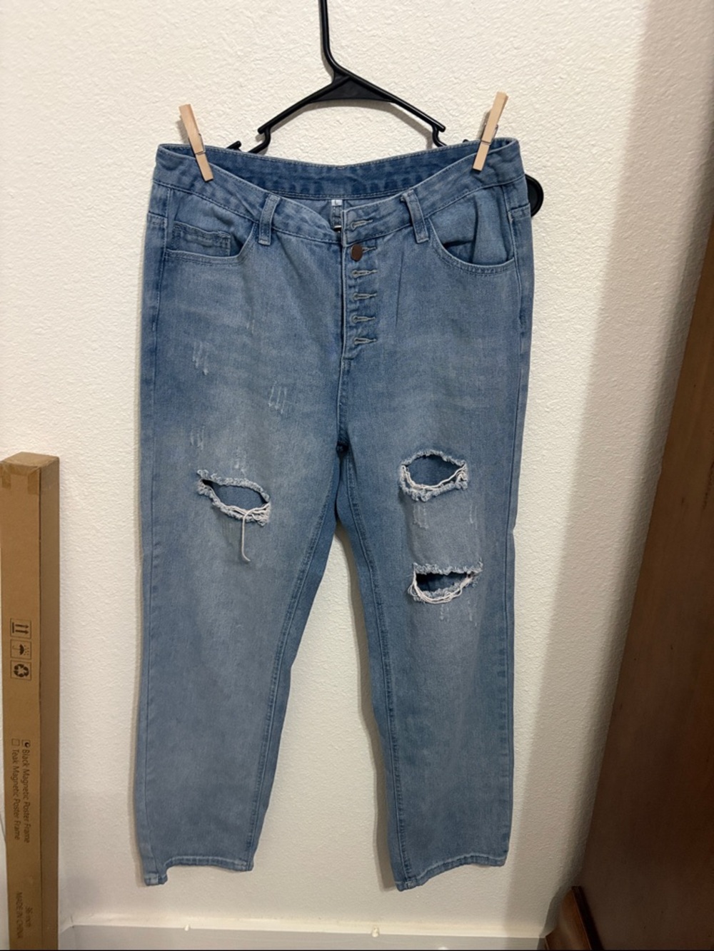 Light Blue Distressed High-Rise Button-Fly Jeans